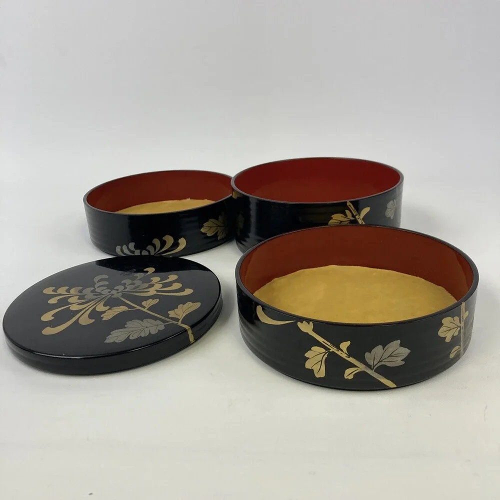 VTG Japan Round 3 Tier Floral Black Laquerware Plastic Trinket Box Lined